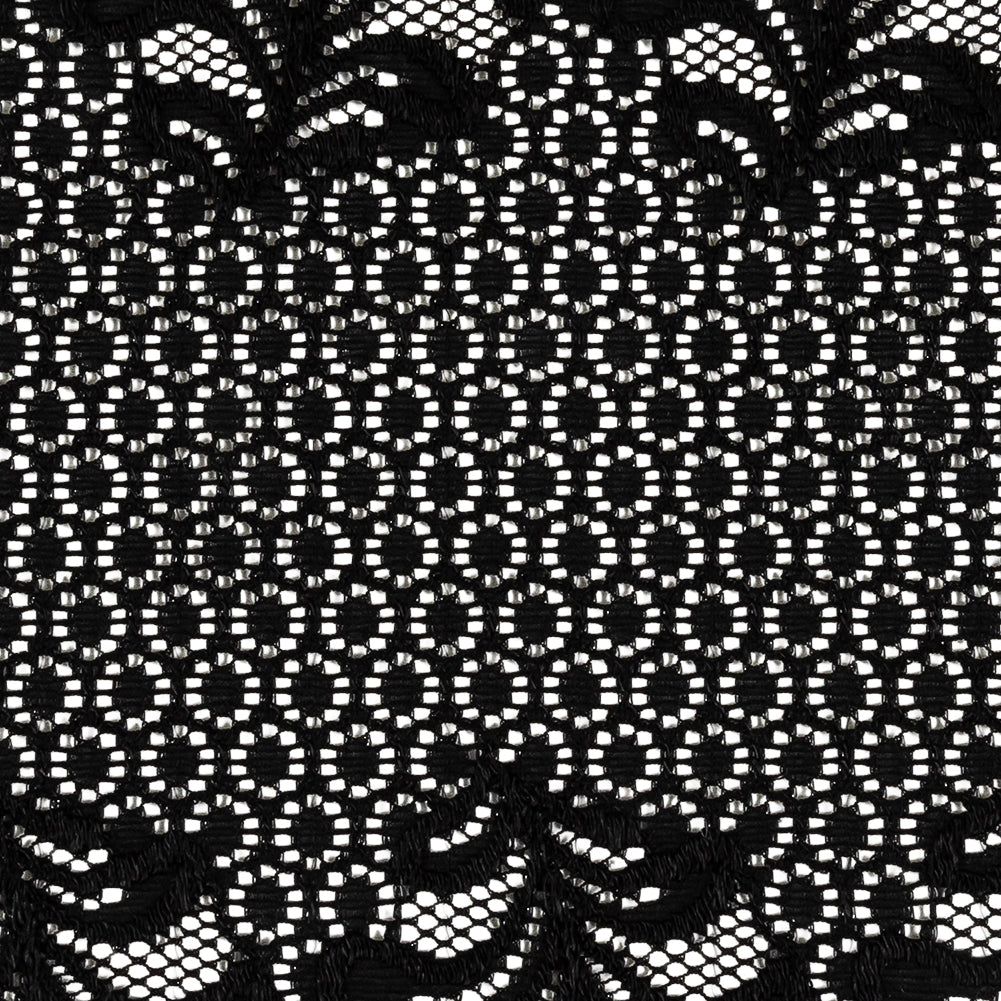 Black Circles and Leaves Stretch Lace Trim with Scalloped Edges - 9.5" Detail Black Circles and Leaves Stretch Lace Trim with Scalloped Edges - 9.5" Detail