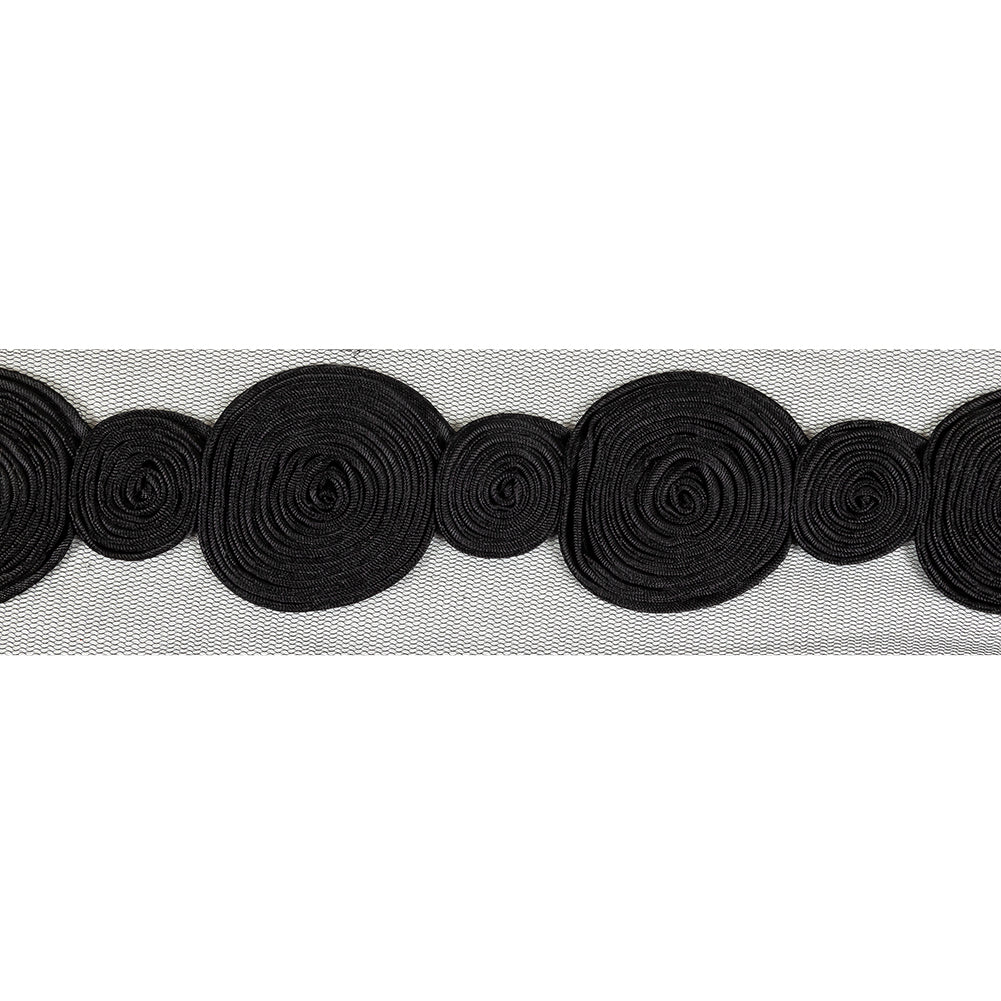 Black Tight Spiral Fabric Roses Trim on Mesh - 2" Black Tight Spiral Fabric Roses Trim on Mesh - 2"