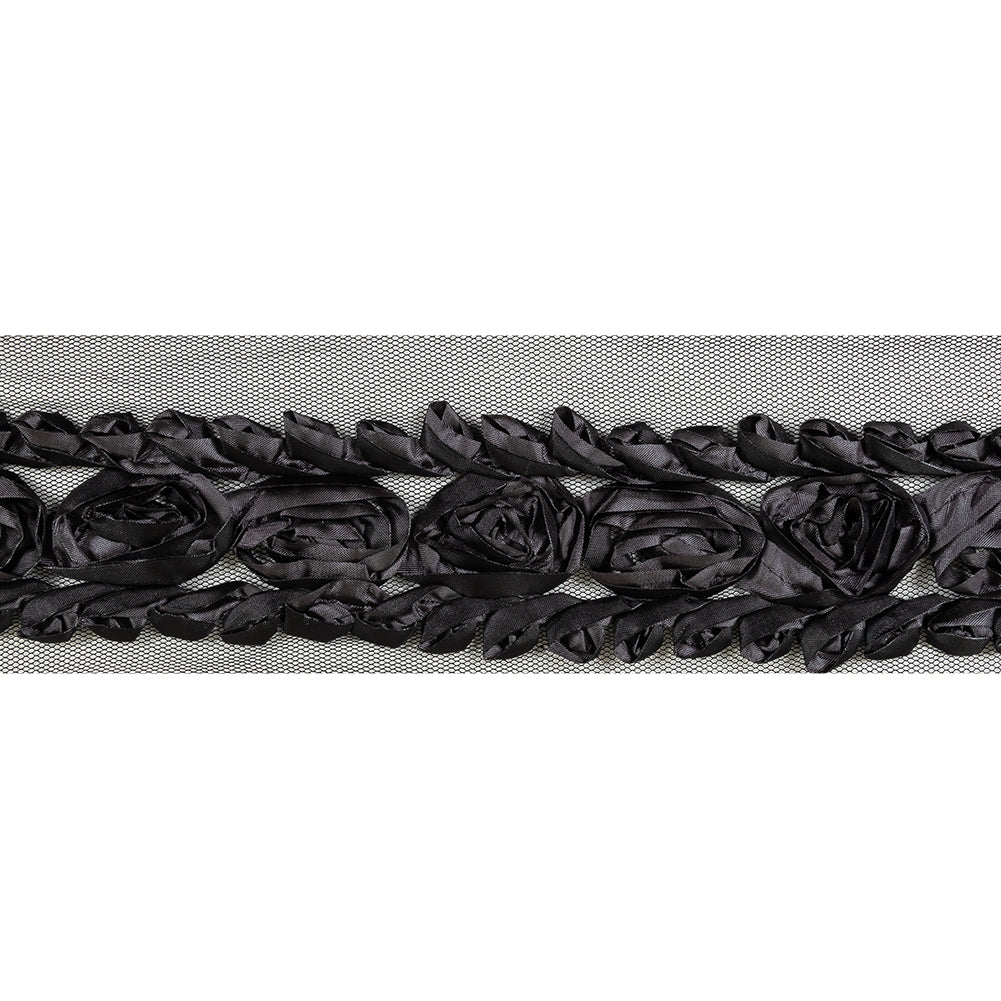 Shimmering Charcoal and Black Roses and Loops Fabric Embroidered Trim on Mesh - 1.875" Shimmering Charcoal and Black Roses and Loops Fabric Embroidered Trim on Mesh - 1.875"