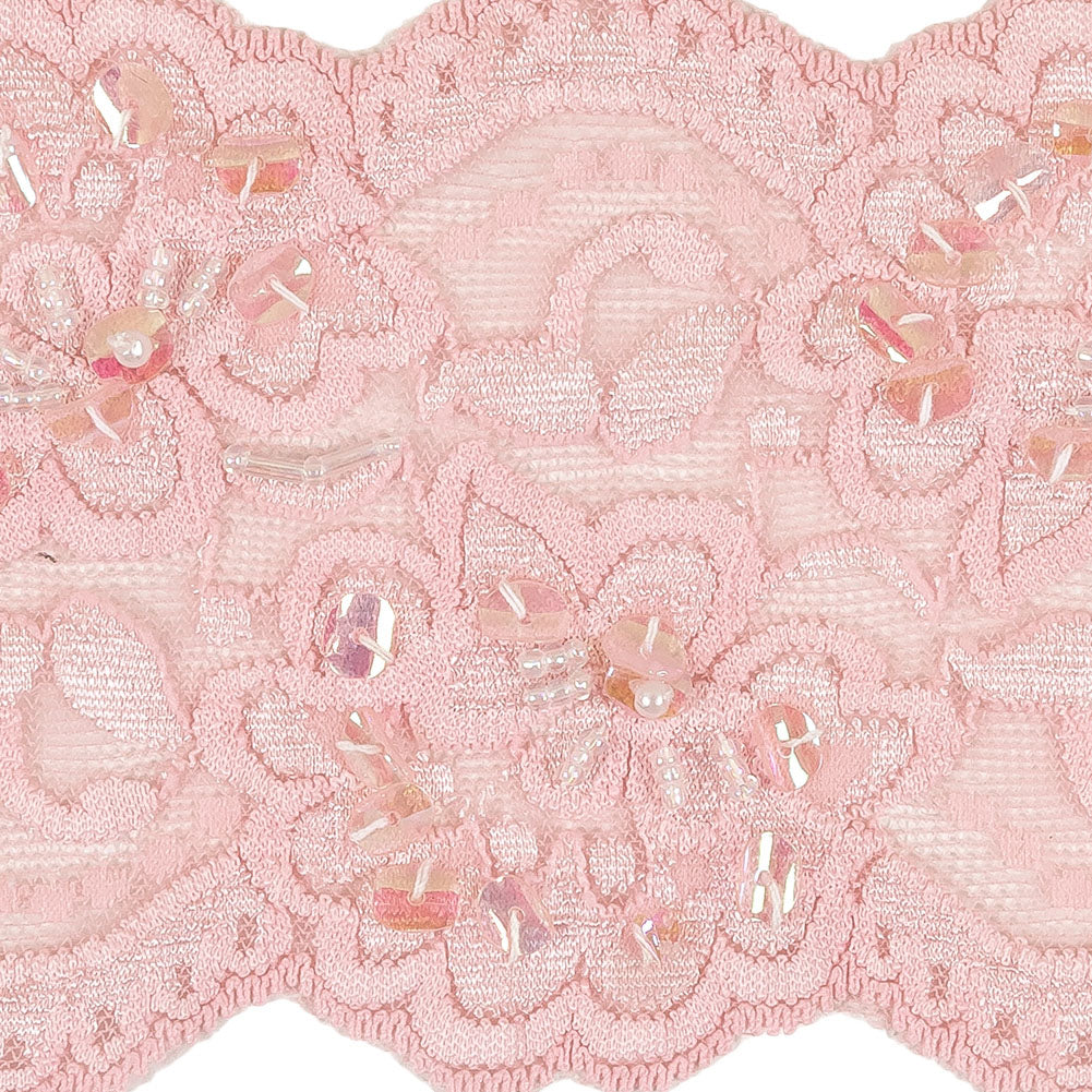 Pink Floral Beaded and Sequined Stretch Lace Trim with Finished Scalloped Edges - 3.5" Detail Pink Floral Beaded and Sequined Stretch Lace Trim with Finished Scalloped Edges - 3.5" Detail