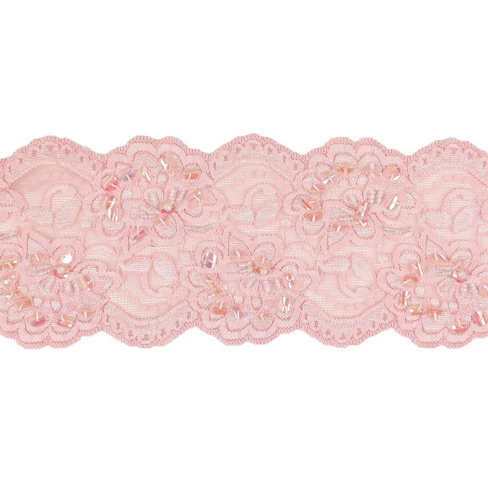 Pink Floral Beaded and Sequined Stretch Lace Trim with Finished Scalloped Edges - 3.5" Pink Floral Beaded and Sequined Stretch Lace Trim with Finished Scalloped Edges - 3.5"