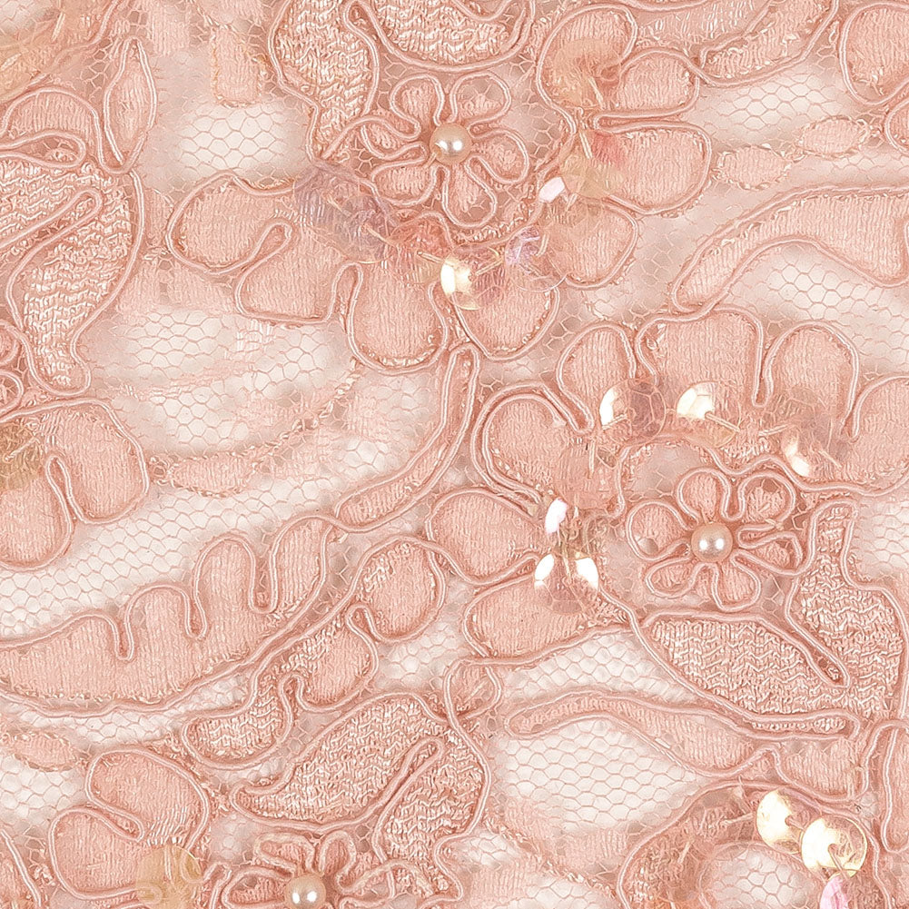 Pink Flowers and Leaves Beaded, Sequined and Corded Lace Trim - 5" Detail Pink Flowers and Leaves Beaded, Sequined and Corded Lace Trim - 5" Detail