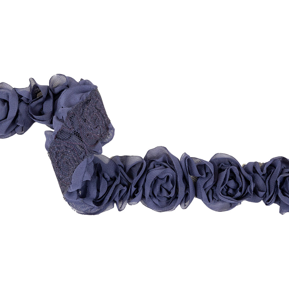Dusk Blue Chiffon Roses on Mesh Trim - 2" Dusk Blue Chiffon Roses on Mesh Trim - 2"