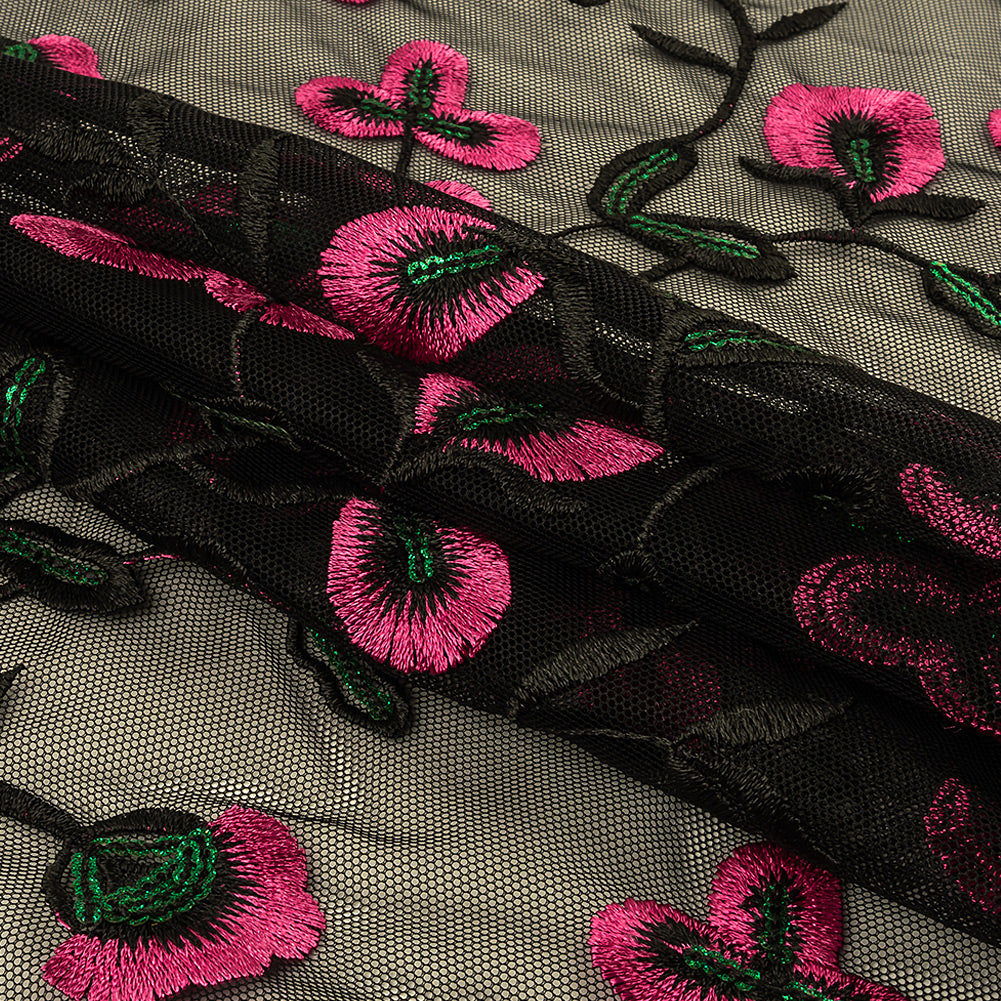 Pink, Emerald and Black Embroidered and Sequined Floral Polyester Mesh Folded Pink, Emerald and Black Embroidered and Sequined Floral Polyester Mesh Folded
