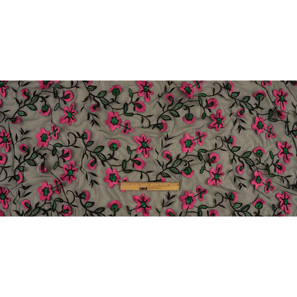 Pink, Emerald and Black Embroidered and Sequined Floral Polyester Mesh Full Pink, Emerald and Black Embroidered and Sequined Floral Polyester Mesh Full