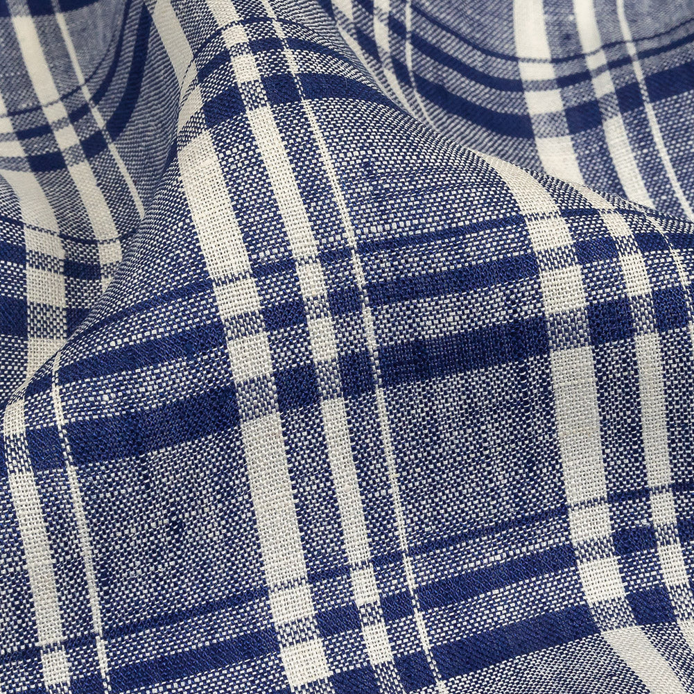 Navy Peony and White Plaid Medium Weight Linen Woven Detail Navy Peony and White Plaid Medium Weight Linen Woven Detail