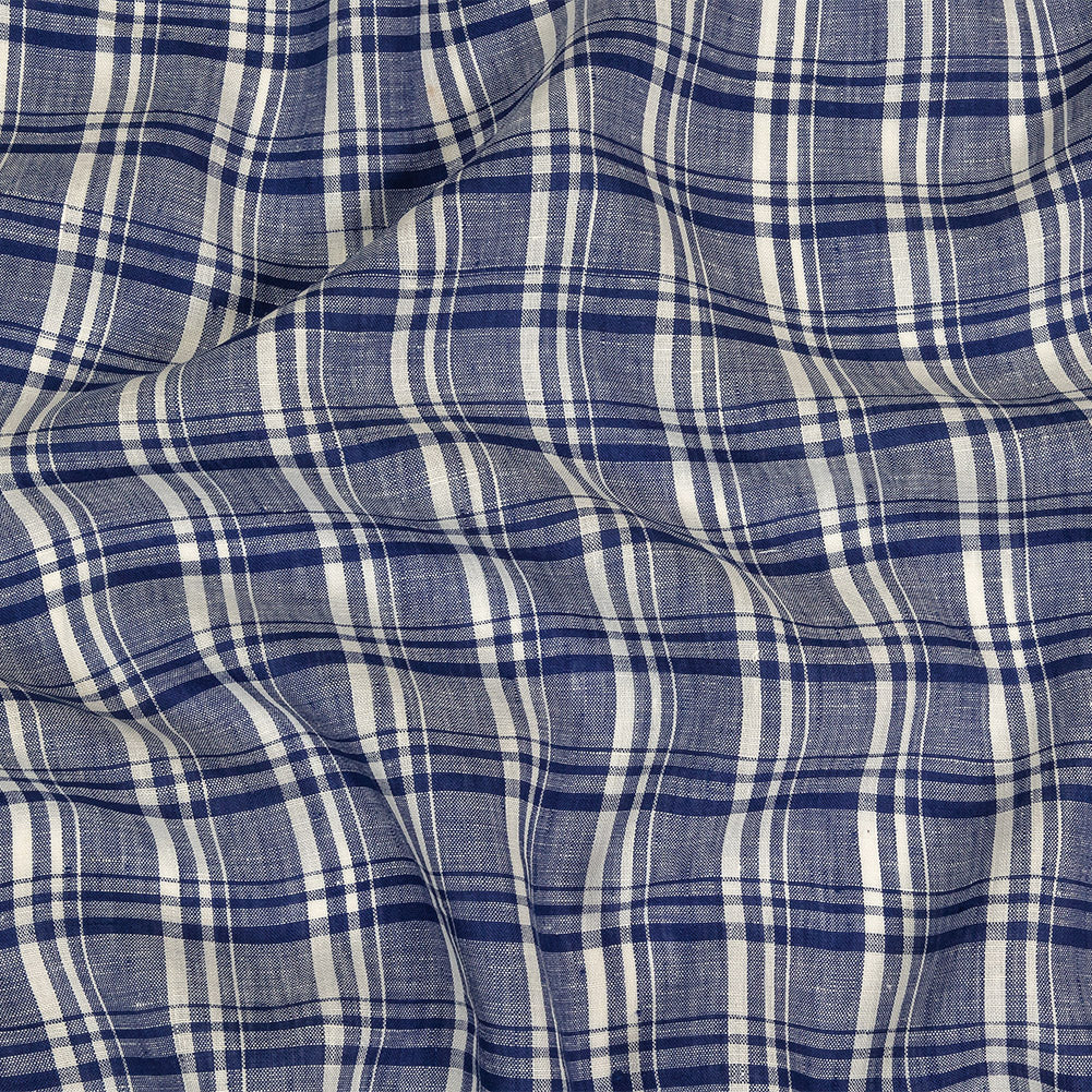 Navy Peony and White Plaid Medium Weight Linen Woven Navy Peony and White Plaid Medium Weight Linen Woven