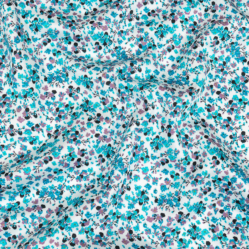 Turquoise, Lilac, and White Tiny Flowers Cotton Shirting Turquoise, Lilac, and White Tiny Flowers Cotton Shirting