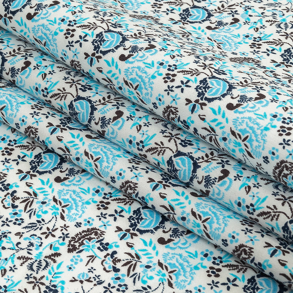 Turquoise, Blue Indigo and Umber Floral Cotton Sateen Folded Turquoise, Blue Indigo and Umber Floral Cotton Sateen Folded