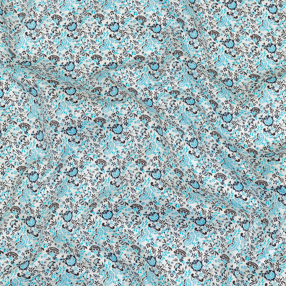 Turquoise, Blue Indigo and Umber Floral Cotton Sateen Turquoise, Blue Indigo and Umber Floral Cotton Sateen