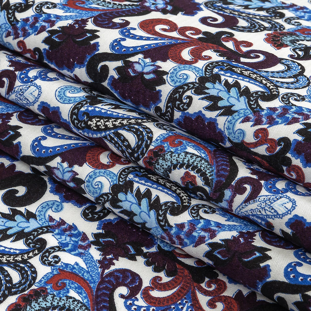 Raspberry, Blue and Snow White Paisley Cotton Sateen Folded Raspberry, Blue and Snow White Paisley Cotton Sateen Folded