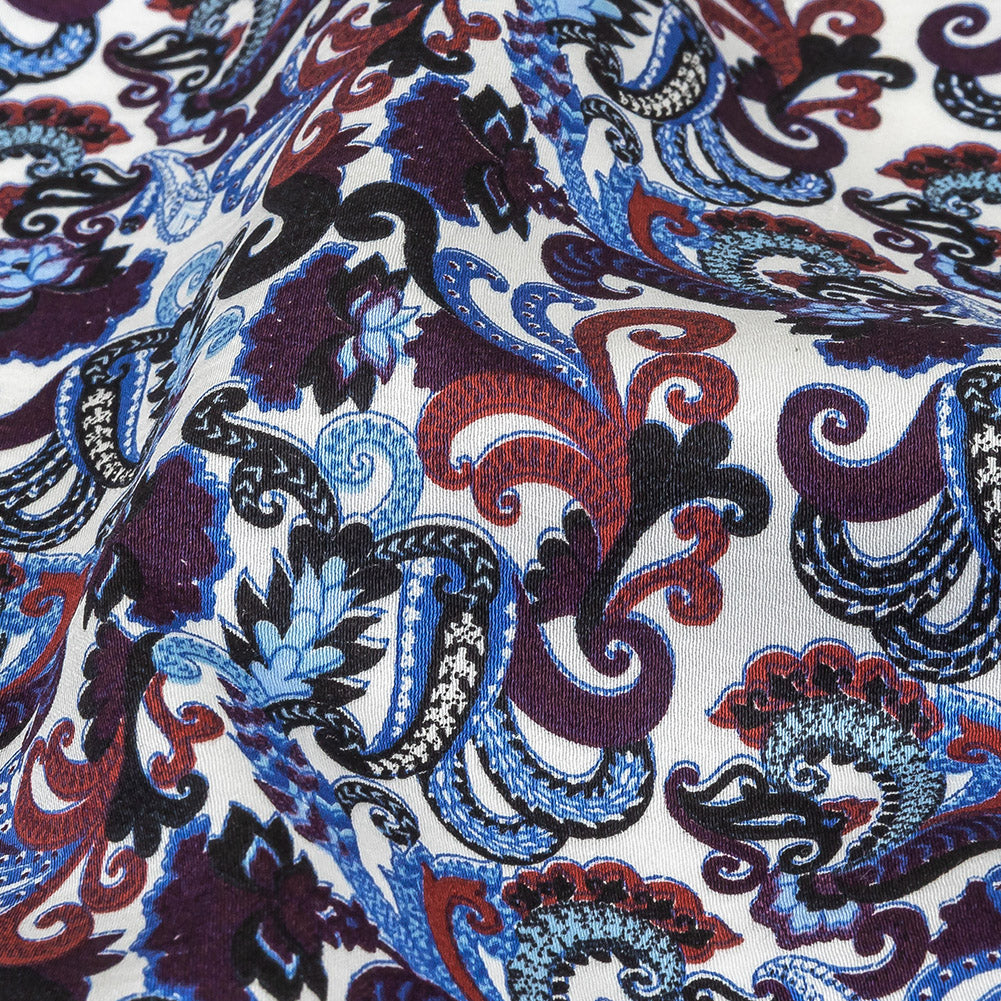 Raspberry, Blue and Snow White Paisley Cotton Sateen Detail Raspberry, Blue and Snow White Paisley Cotton Sateen Detail