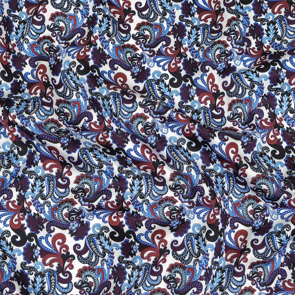 Raspberry, Blue and Snow White Paisley Cotton Sateen Raspberry, Blue and Snow White Paisley Cotton Sateen