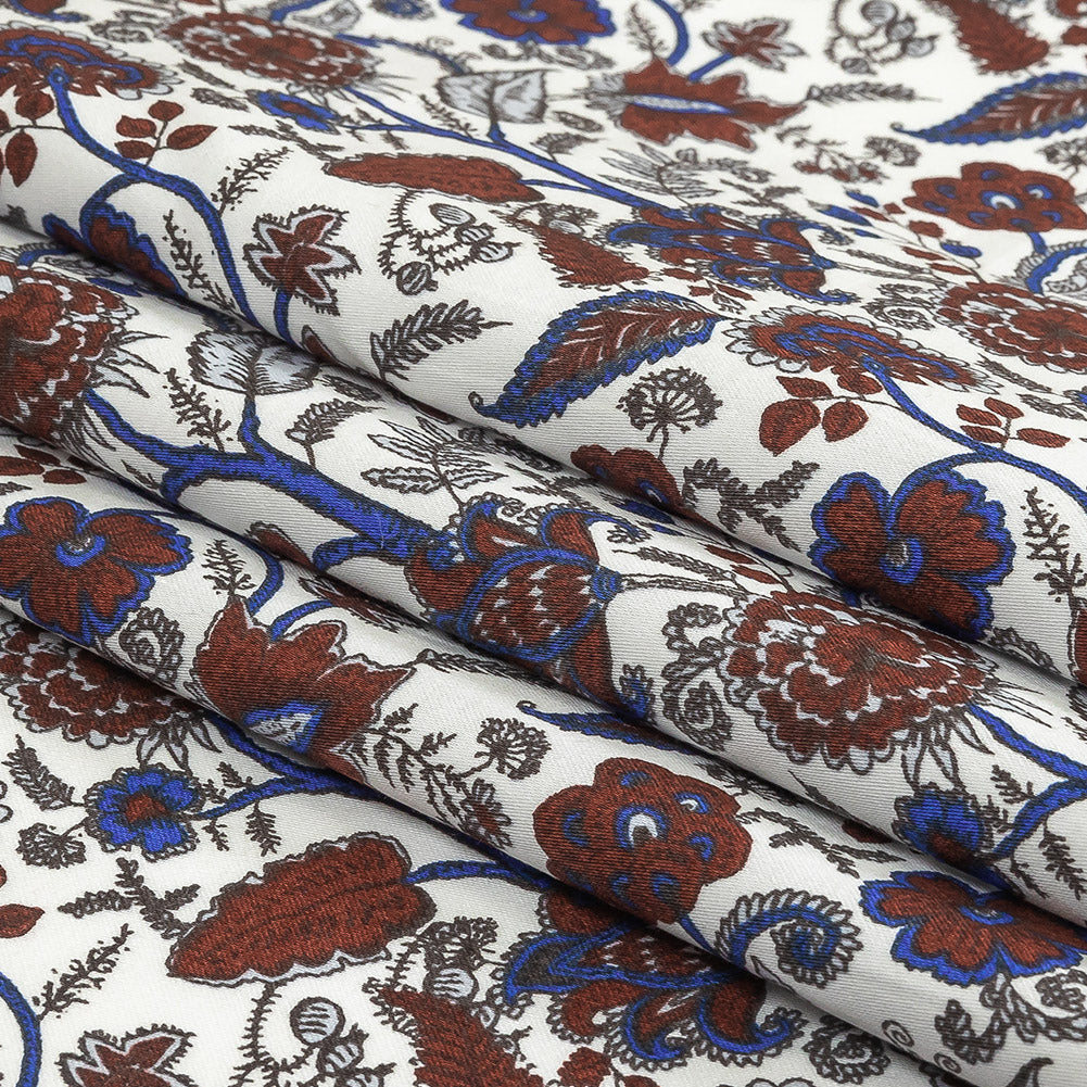 Earth Red, Bright Cobalt and Vapor Blue Floral Stems Cotton Sateen Folded Earth Red, Bright Cobalt and Vapor Blue Floral Stems Cotton Sateen Folded