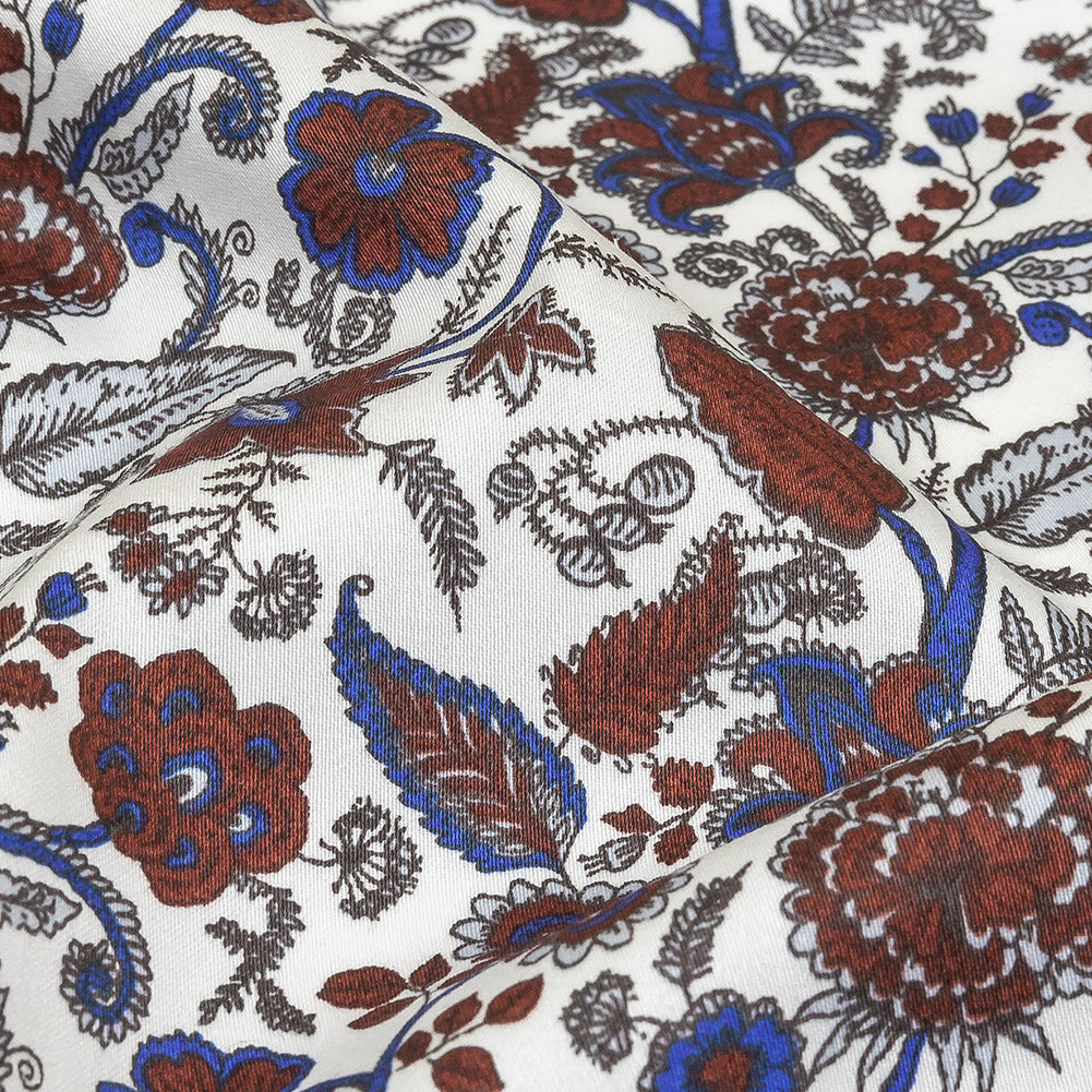 Earth Red, Bright Cobalt and Vapor Blue Floral Stems Cotton Sateen Detail Earth Red, Bright Cobalt and Vapor Blue Floral Stems Cotton Sateen Detail
