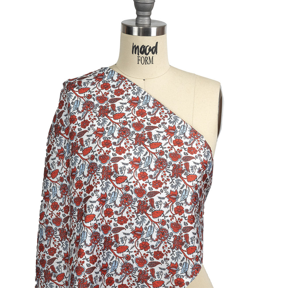 Poinciana, Crystal Blue and Snow White Floral Stems Cotton Sateen Drape Poinciana, Crystal Blue and Snow White Floral Stems Cotton Sateen Drape