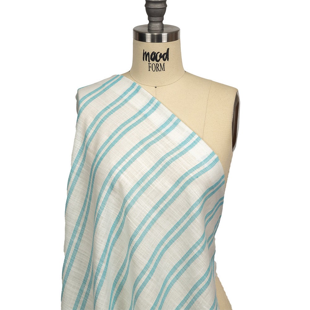 Turquoise and White Textural Striped Slubbed Cotton Woven Drape Turquoise and White Textural Striped Slubbed Cotton Woven Drape