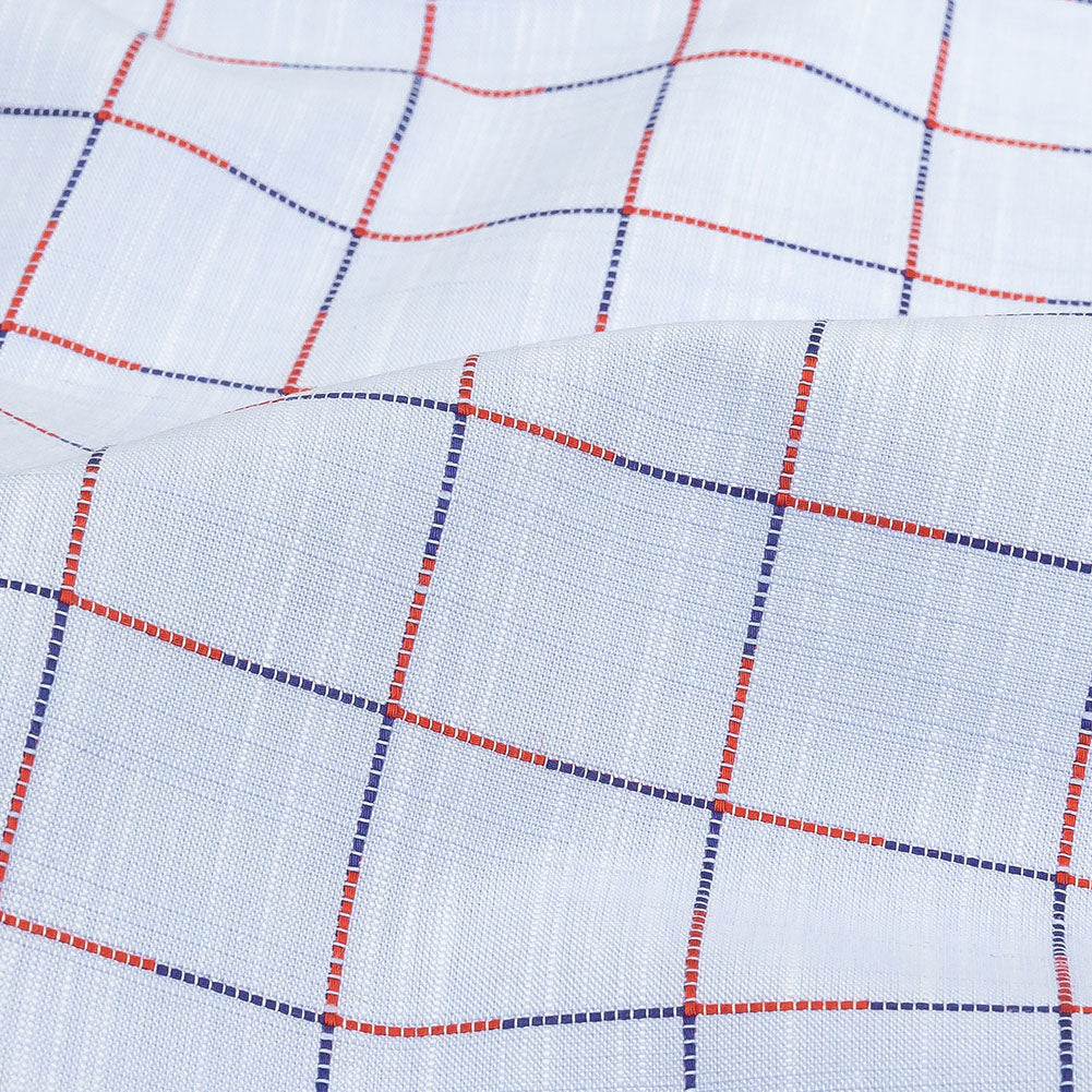 Light Blue, Dark Blue and Red Windowpane Check Slubbed Cotton Shirting Detail Light Blue, Dark Blue and Red Windowpane Check Slubbed Cotton Shirting Detail