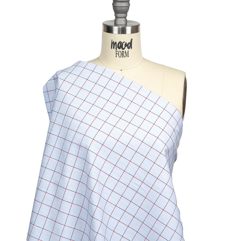 Light Blue, Dark Blue and Red Windowpane Check Slubbed Cotton Shirting Drape Light Blue, Dark Blue and Red Windowpane Check Slubbed Cotton Shirting Drape