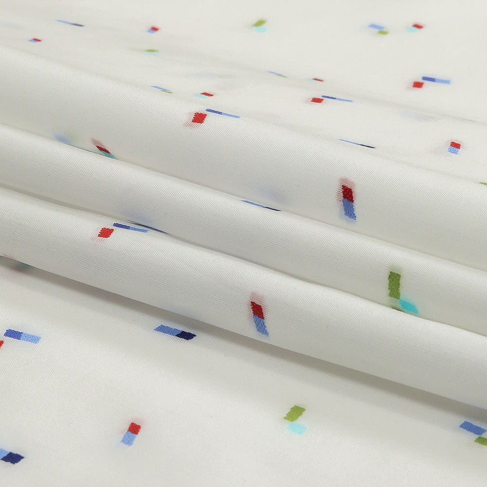 White, Blue and Lime Tossed Rectangles Cotton Jacquard Shirting Folded White, Blue and Lime Tossed Rectangles Cotton Jacquard Shirting Folded