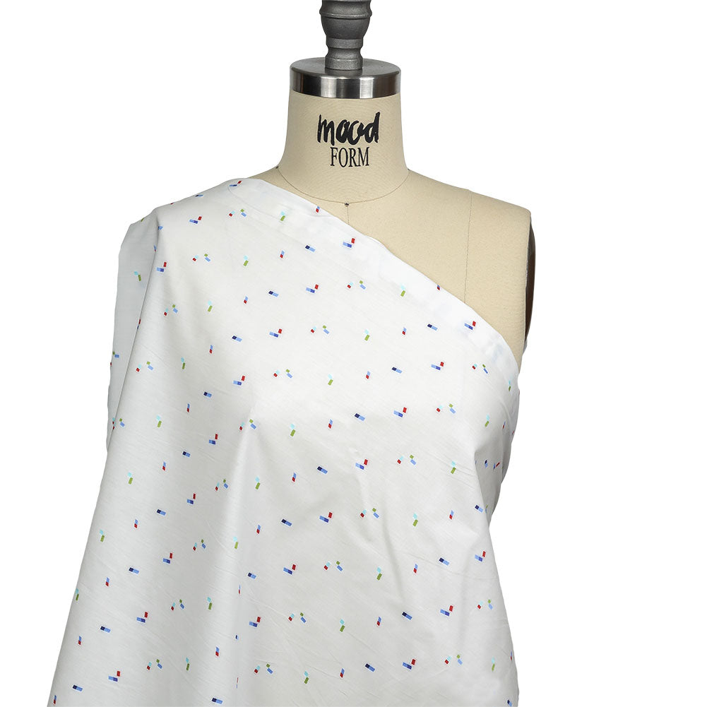 White, Blue and Lime Tossed Rectangles Cotton Jacquard Shirting Drape White, Blue and Lime Tossed Rectangles Cotton Jacquard Shirting Drape