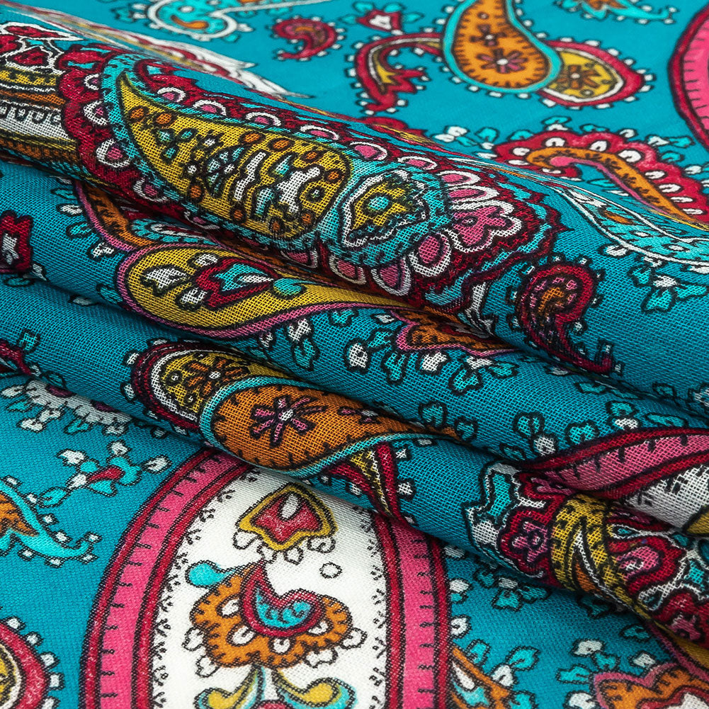 Gauzy Cotton Voile - Turquoise, Pink and White Paisley - Deadstock Folded