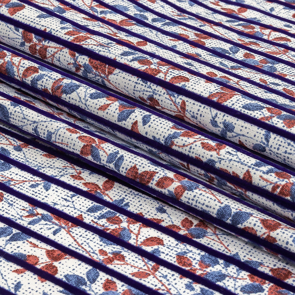 Navy Flocked Stripes on Red, Blue and White Leafy Cotton Shirting with Give Folded Navy Flocked Stripes on Red, Blue and White Leafy Cotton Shirting with Give Folded
