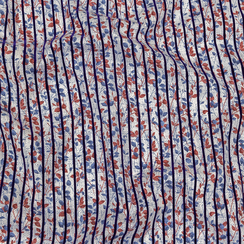 Navy Flocked Stripes on Red, Blue and White Leafy Cotton Shirting with Give Navy Flocked Stripes on Red, Blue and White Leafy Cotton Shirting with Give