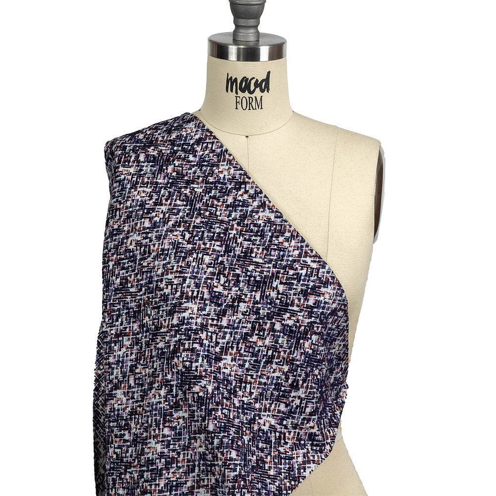 Evening Blue Geometric Flocking on Crushed Berry, Steel and White Abstract Printed Cotton Shirting Drape Evening Blue Geometric Flocking on Crushed Berry, Steel and White Abstract Printed Cotton Shirting Drape