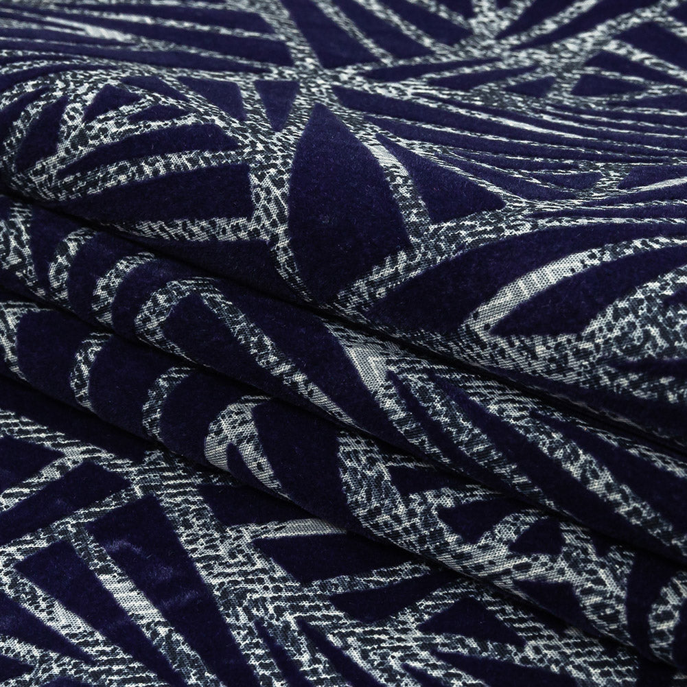 Navy Flocked Triangles on Cosmic Sky and White Distressed Chevrons Cotton Shirting Folded Navy Flocked Triangles on Cosmic Sky and White Distressed Chevrons Cotton Shirting Folded