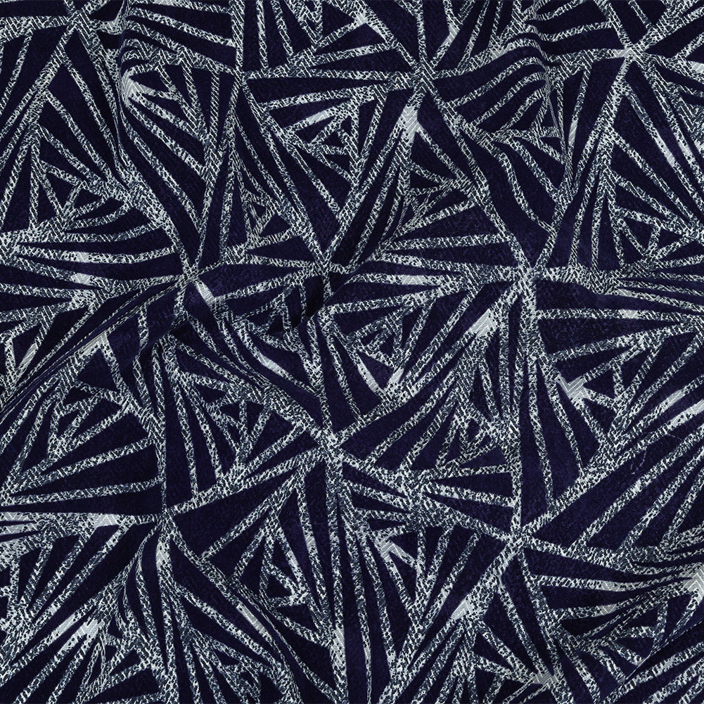 Navy Flocked Triangles on Cosmic Sky and White Distressed Chevrons Cotton Shirting Navy Flocked Triangles on Cosmic Sky and White Distressed Chevrons Cotton Shirting
