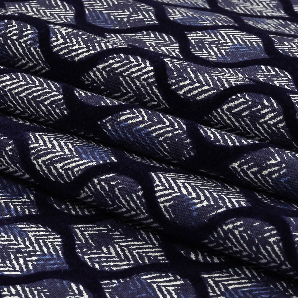 Navy Flocked Ogees on Floral and Herringbone Printed Stretch Cotton Shirting Folded Navy Flocked Ogees on Floral and Herringbone Printed Stretch Cotton Shirting Folded