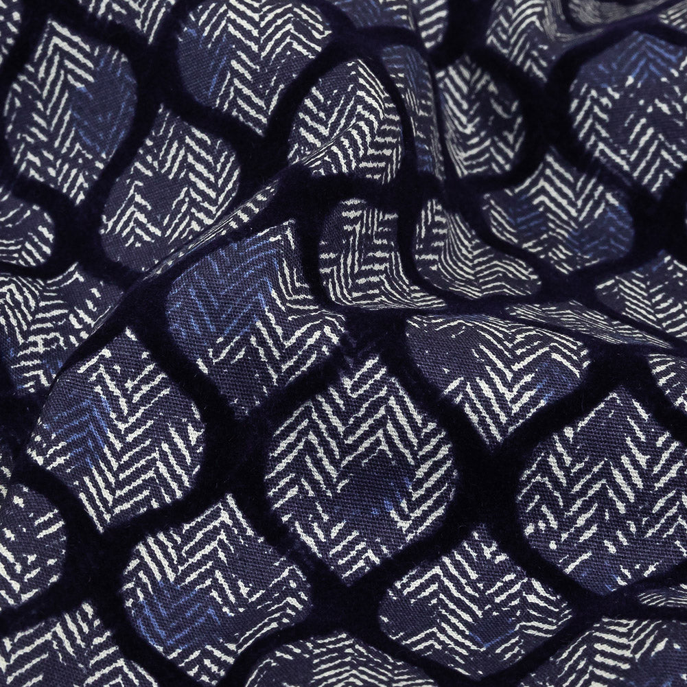 Navy Flocked Ogees on Floral and Herringbone Printed Stretch Cotton Shirting Detail Navy Flocked Ogees on Floral and Herringbone Printed Stretch Cotton Shirting Detail