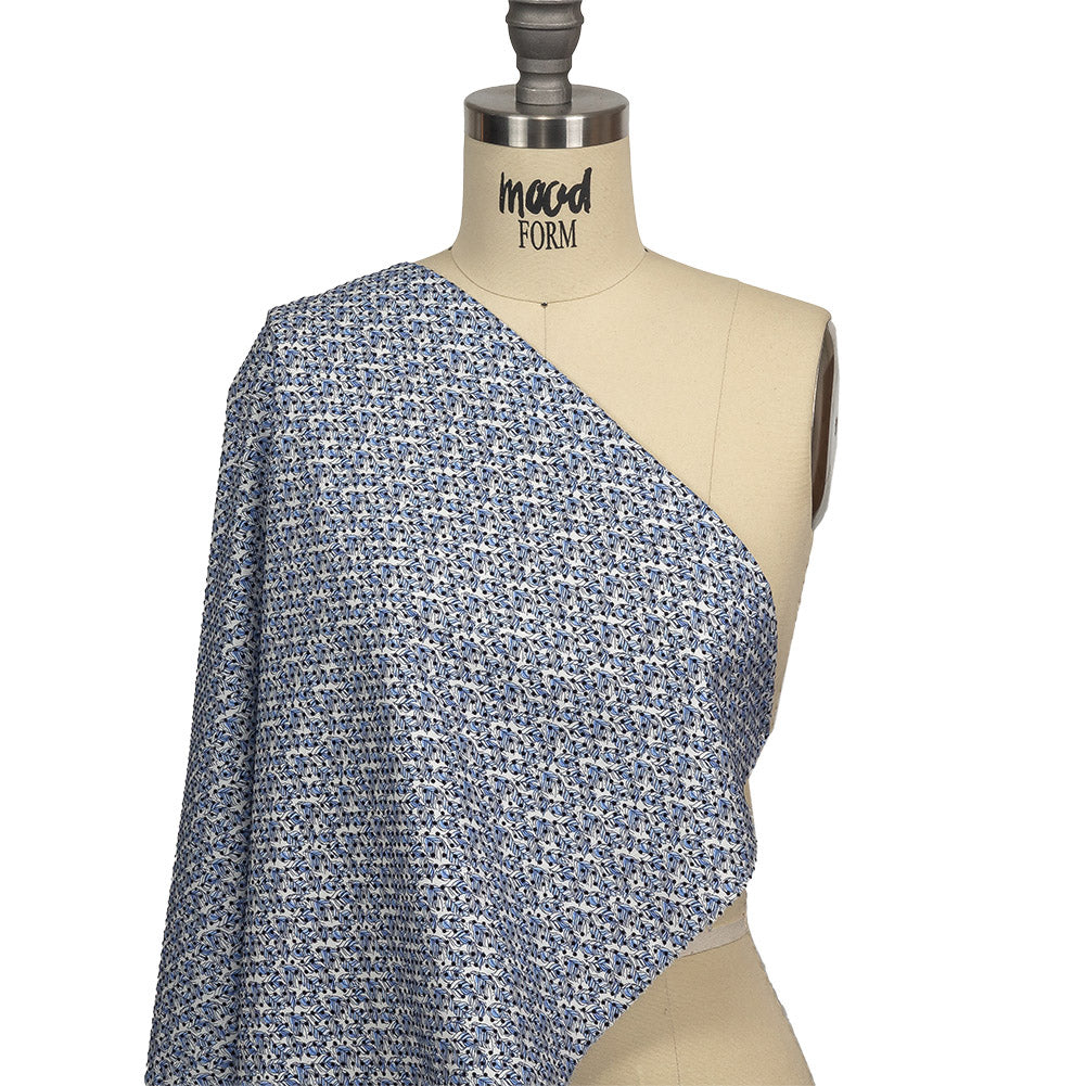 Black Flocked Polka Dots on Blue and White Leaves Stretch Cotton Shirting Drape Black Flocked Polka Dots on Blue and White Leaves Stretch Cotton Shirting Drape