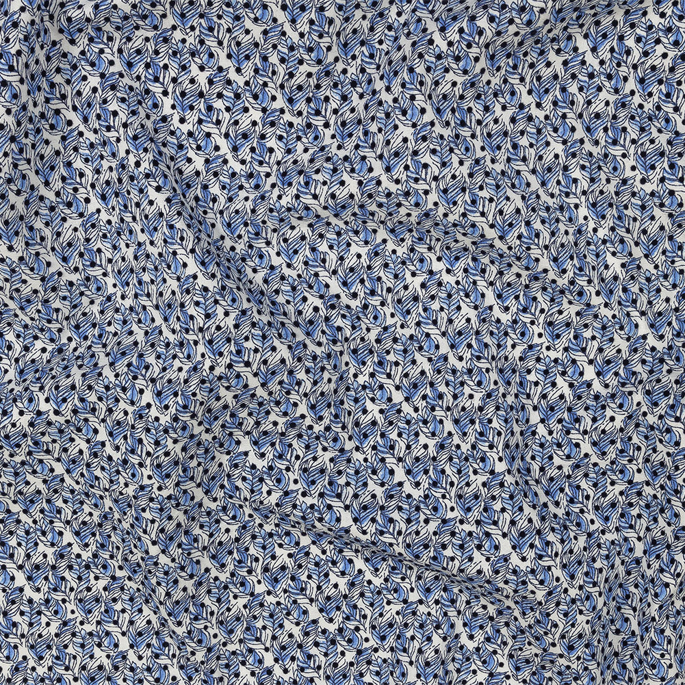 Black Flocked Polka Dots on Blue and White Leaves Stretch Cotton Shirting Black Flocked Polka Dots on Blue and White Leaves Stretch Cotton Shirting