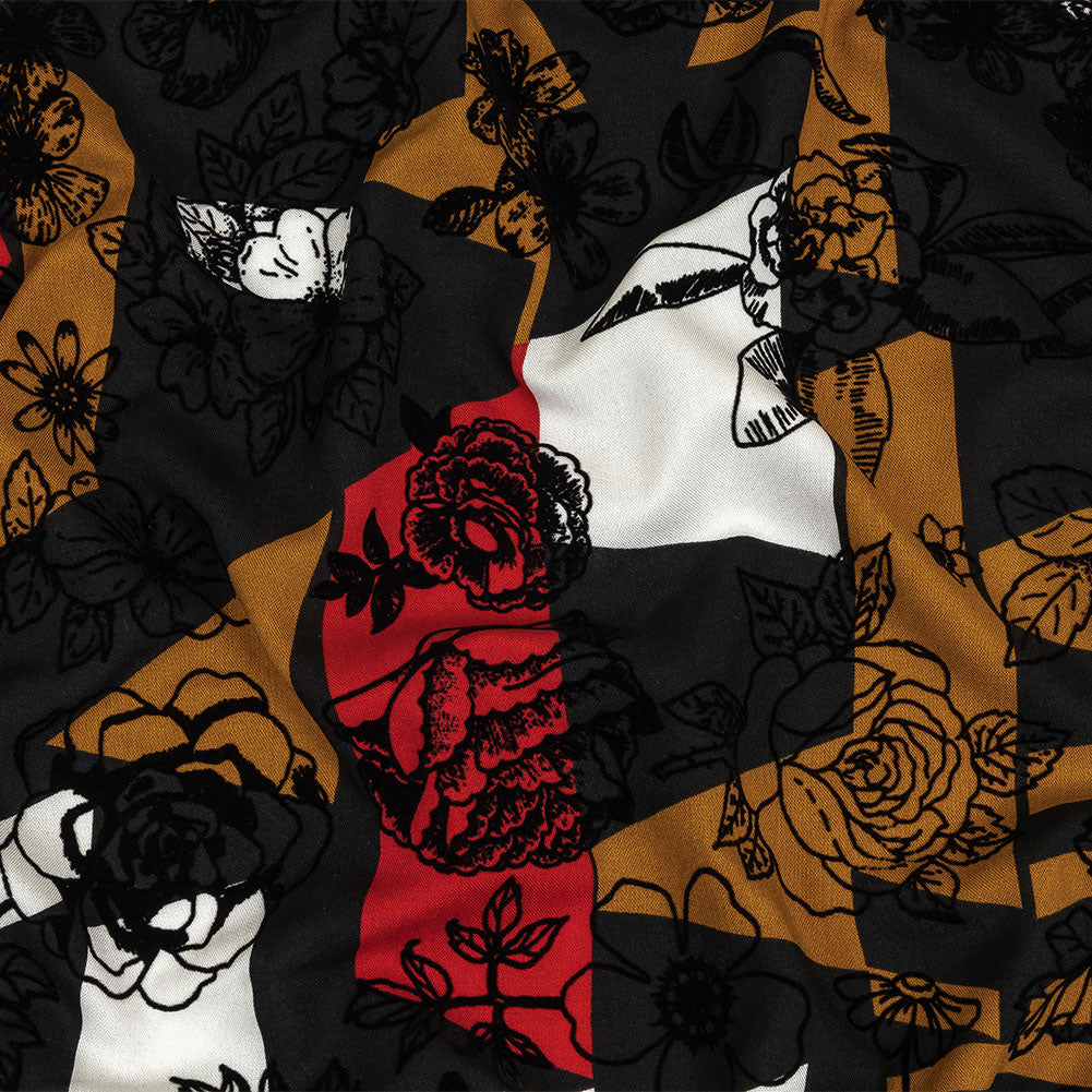 Red, Mustard and Black Flocked Flowers on Geometric Printed Viscose Woven Red, Mustard and Black Flocked Flowers on Geometric Printed Viscose Woven