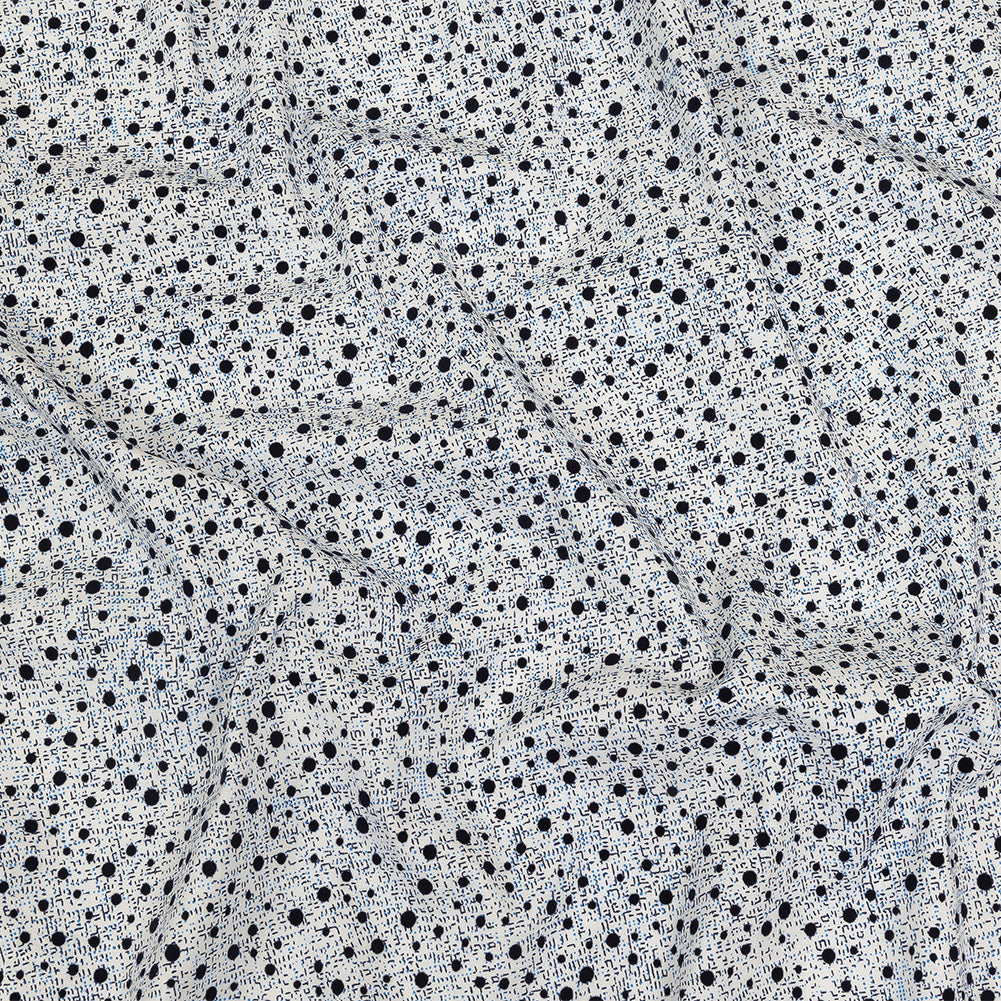 Black Flocked Polka Dots on Blue, Gray and White Abstract Stretch Cotton Shirting Black Flocked Polka Dots on Blue, Gray and White Abstract Stretch Cotton Shirting
