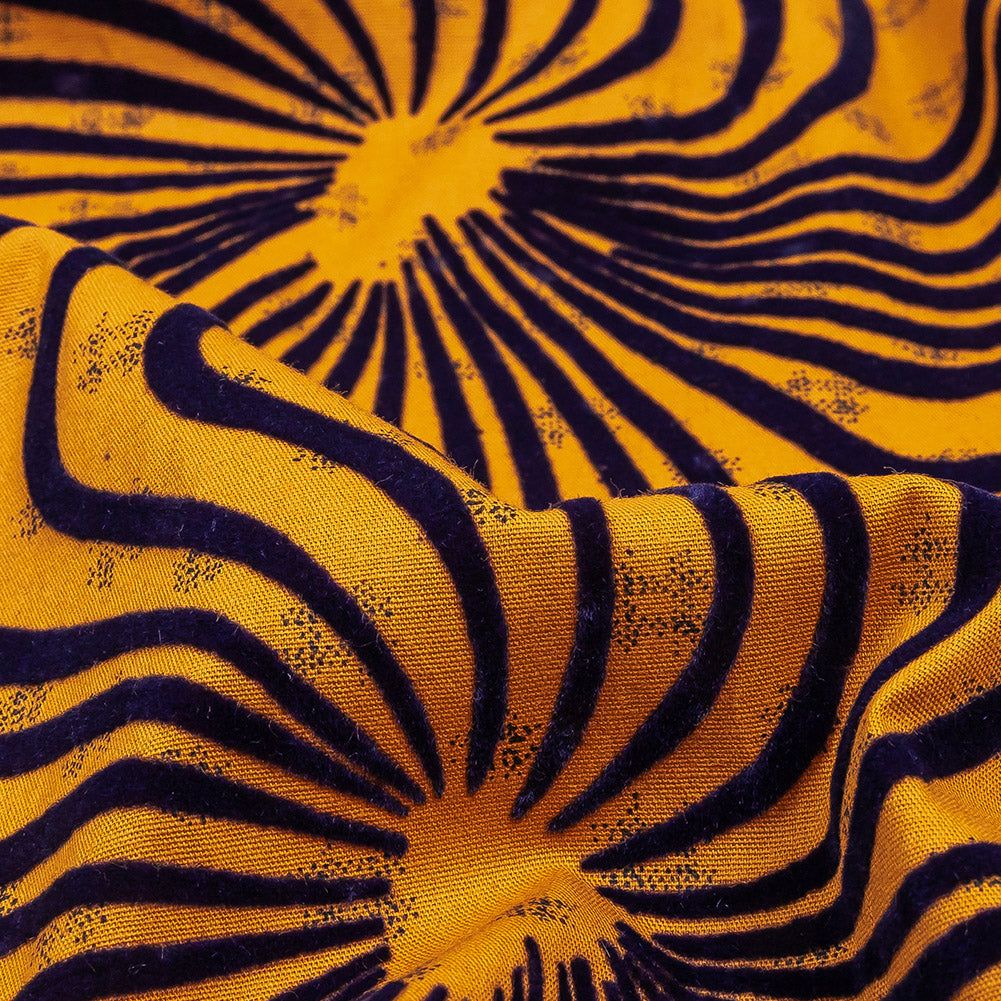 Navy Flocked Abstract Florals on Mustard and Navy Abstract Stretch Cotton and Polyester Shirting Detail Navy Flocked Abstract Florals on Mustard and Navy Abstract Stretch Cotton and Polyester Shirting Detail