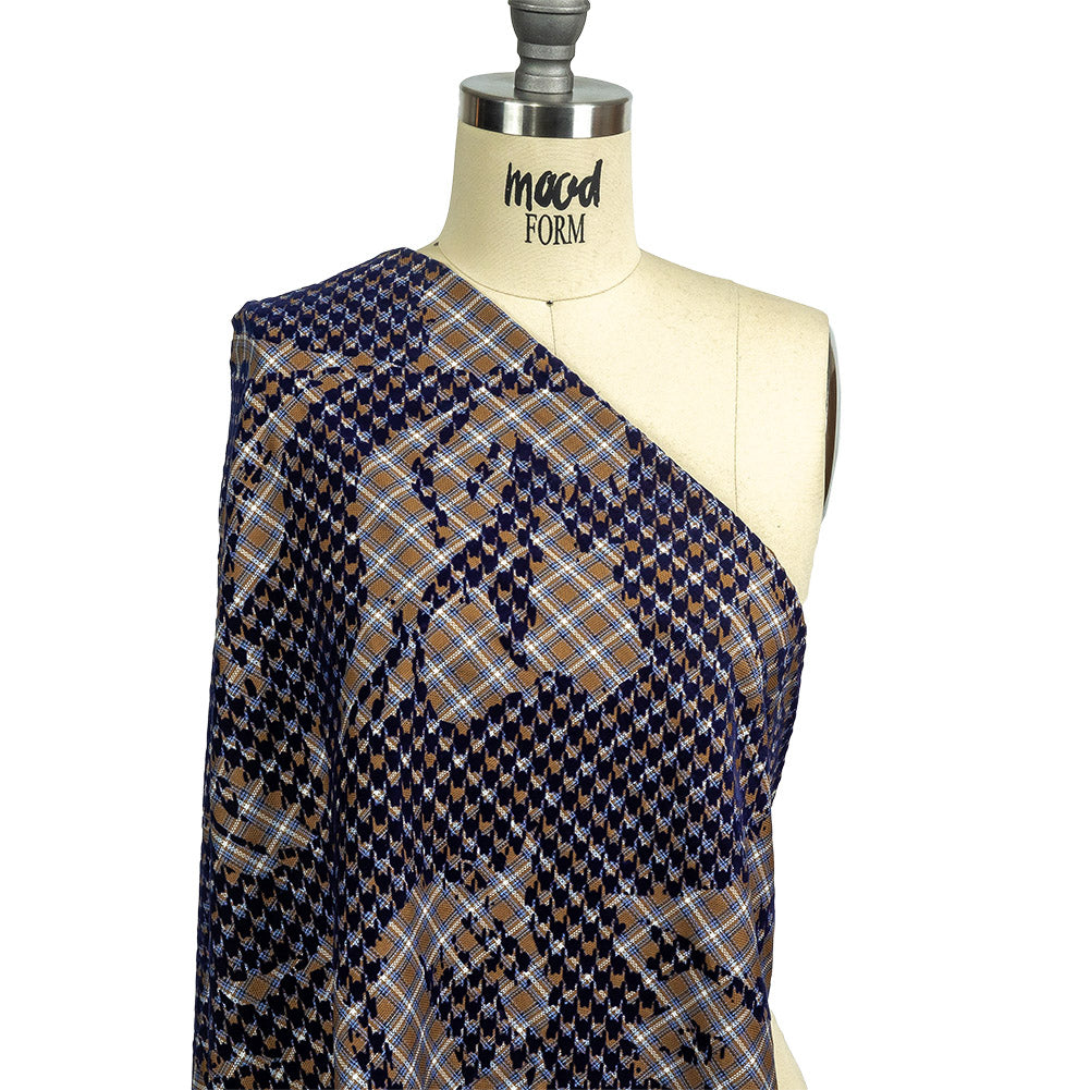Navy, Tan and White Negative Space Florals in Flocked Houndstooth on Plaid Rustic Cotton and Polyester Woven Drape Navy, Tan and White Negative Space Florals in Flocked Houndstooth on Plaid Rustic Cotton and Polyester Woven Drape