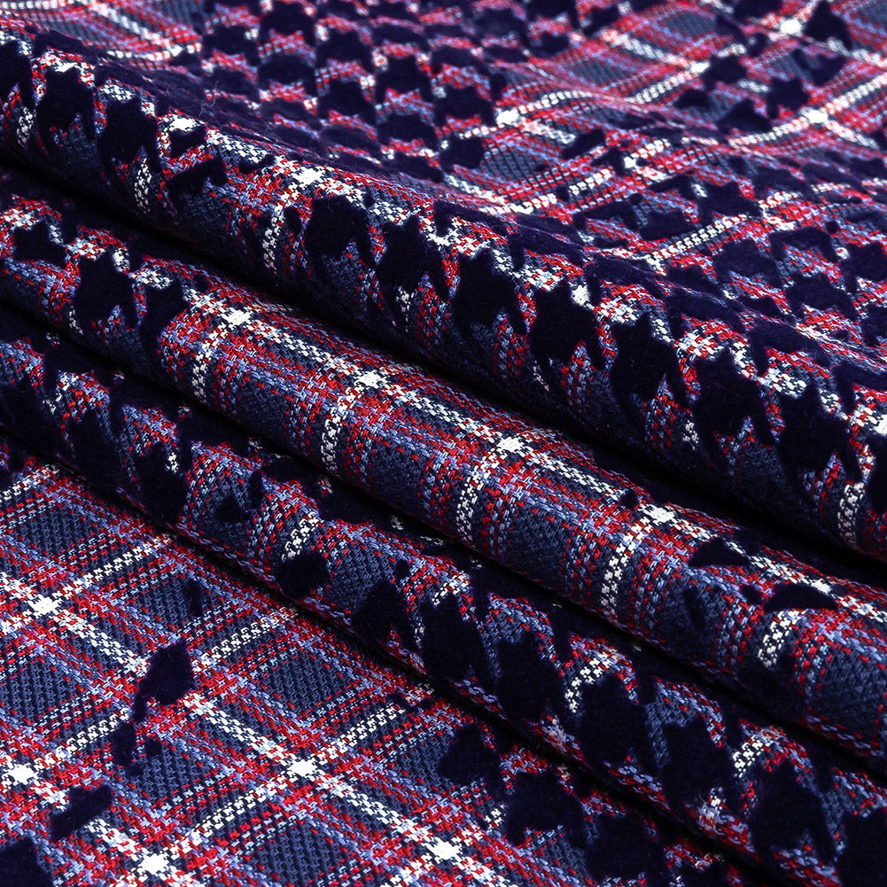 Navy, Red and Estate Blue Negative Space Florals in Flocked Houndstooth on Plaid Rustic Cotton and Polyester Woven Folded Navy, Red and Estate Blue Negative Space Florals in Flocked Houndstooth on Plaid Rustic Cotton and Polyester Woven Folded