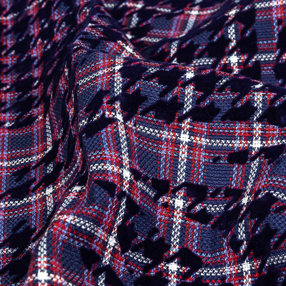 Navy, Red and Estate Blue Negative Space Florals in Flocked Houndstooth on Plaid Rustic Cotton and Polyester Woven Detail Navy, Red and Estate Blue Negative Space Florals in Flocked Houndstooth on Plaid Rustic Cotton and Polyester Woven Detail