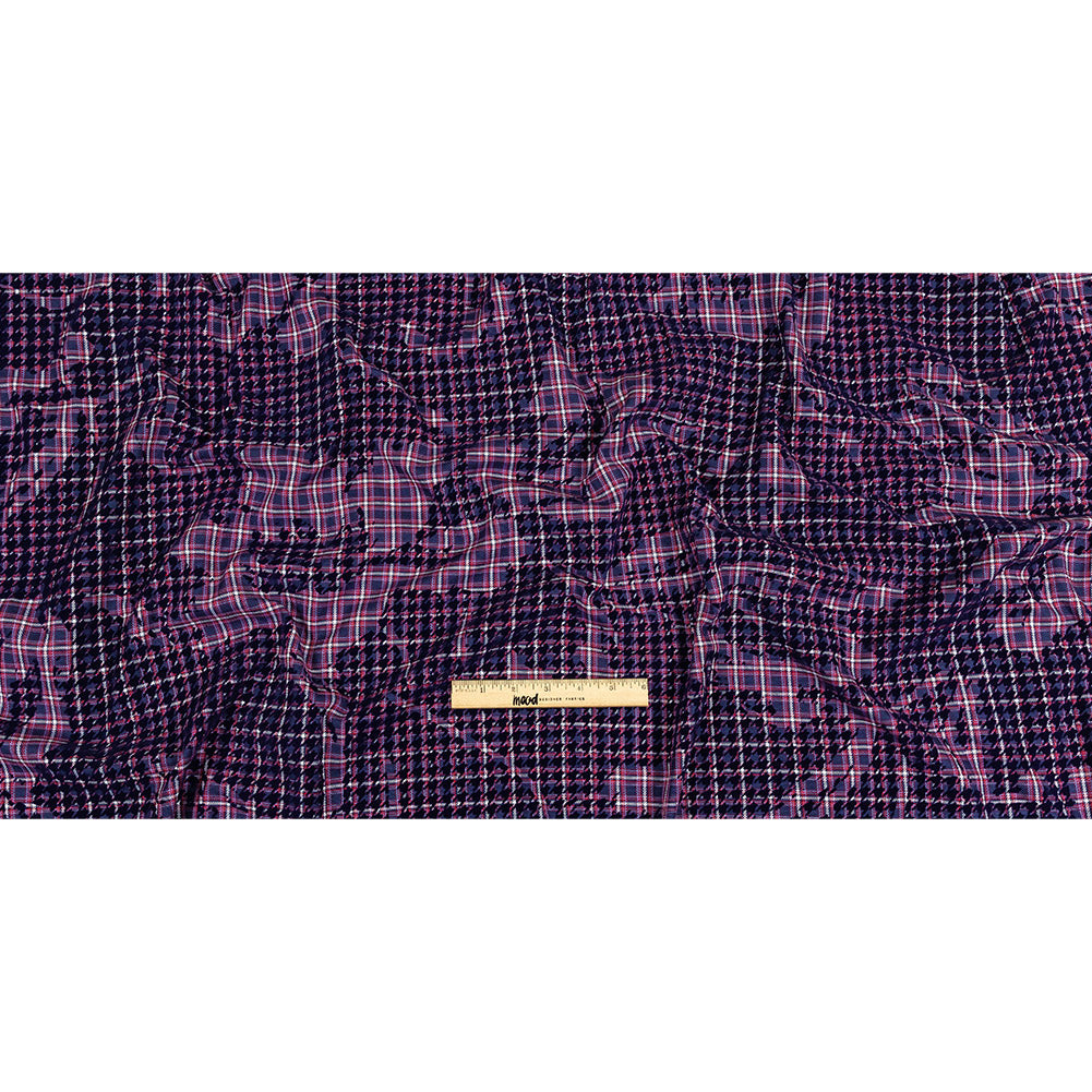 Navy, Red and Estate Blue Negative Space Florals in Flocked Houndstooth on Plaid Rustic Cotton and Polyester Woven Full Navy, Red and Estate Blue Negative Space Florals in Flocked Houndstooth on Plaid Rustic Cotton and Polyester Woven Full