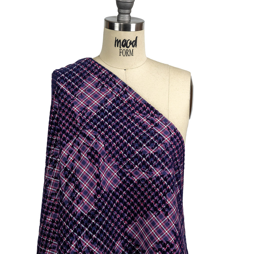 Navy, Red and Estate Blue Negative Space Florals in Flocked Houndstooth on Plaid Rustic Cotton and Polyester Woven Drape Navy, Red and Estate Blue Negative Space Florals in Flocked Houndstooth on Plaid Rustic Cotton and Polyester Woven Drape