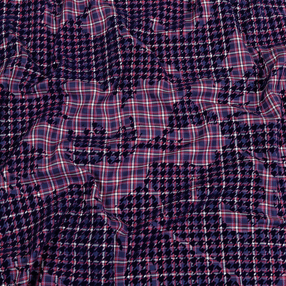 Navy, Red and Estate Blue Negative Space Florals in Flocked Houndstooth on Plaid Rustic Cotton and Polyester Woven Navy, Red and Estate Blue Negative Space Florals in Flocked Houndstooth on Plaid Rustic Cotton and Polyester Woven