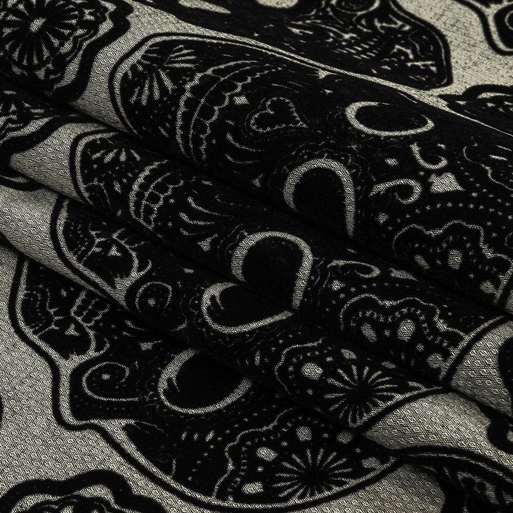 Black Flocked Decorated Skulls on Silver Sconce Diamonds Cotton and Polyester Dobby Folded Black Flocked Decorated Skulls on Silver Sconce Diamonds Cotton and Polyester Dobby Folded