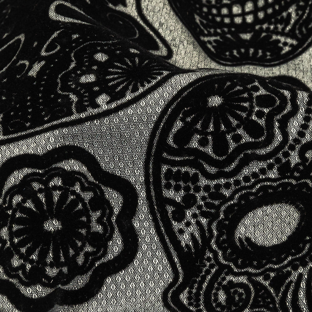 Black Flocked Decorated Skulls on Silver Sconce Diamonds Cotton and Polyester Dobby Detail Black Flocked Decorated Skulls on Silver Sconce Diamonds Cotton and Polyester Dobby Detail