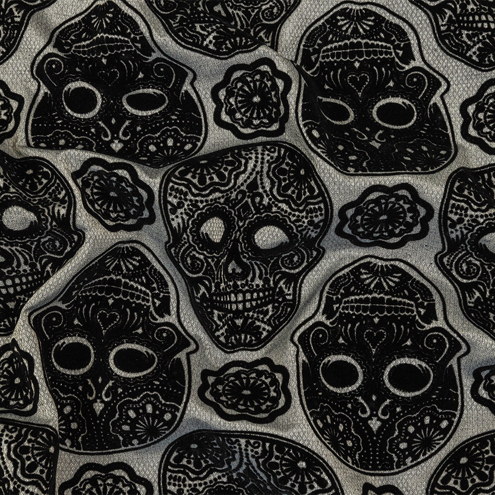Black Flocked Decorated Skulls on Silver Sconce Diamonds Cotton and Polyester Dobby Black Flocked Decorated Skulls on Silver Sconce Diamonds Cotton and Polyester Dobby
