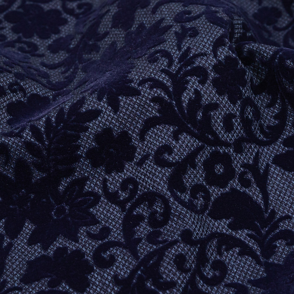 Navy Flocked Classical Florals on Diamond Cotton and Polyester Dobby Detail Navy Flocked Classical Florals on Diamond Cotton and Polyester Dobby Detail
