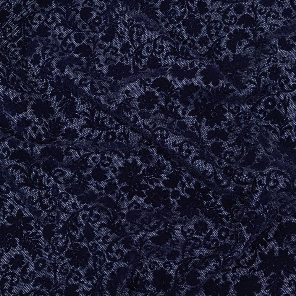Navy Flocked Classical Florals on Diamond Cotton and Polyester Dobby Navy Flocked Classical Florals on Diamond Cotton and Polyester Dobby