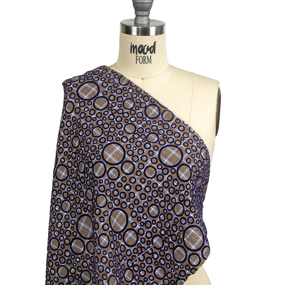 Tan, White and Navy Flocked Circles on Plaid Rustic Cotton and Polyester Woven Detail Tan, White and Navy Flocked Circles on Plaid Rustic Cotton and Polyester Woven Detail